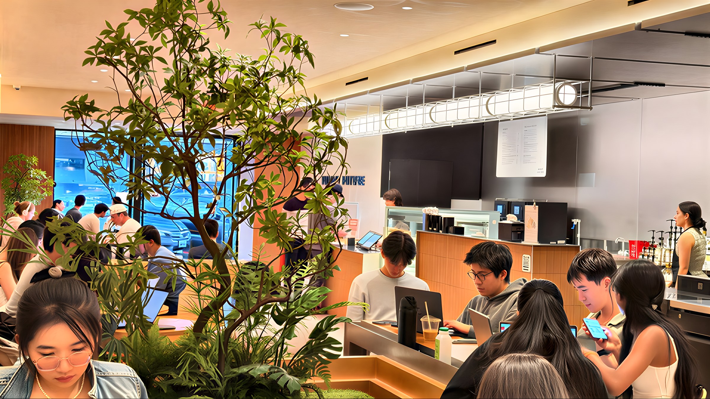 Palo Alto store interior, full of guests with laptops and drinks