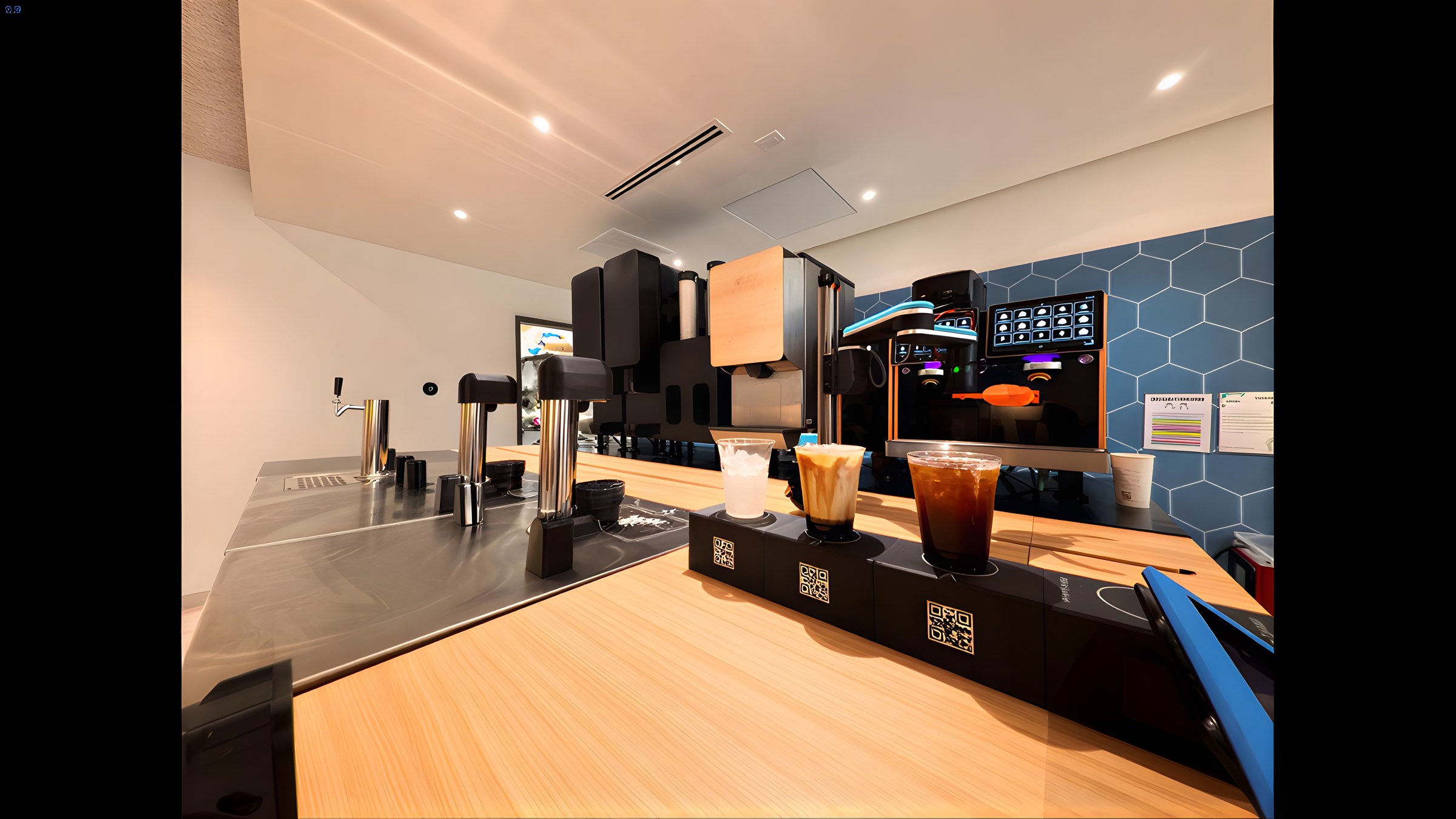 The robotic arm mid-pour behind the bar, three drinks queued and QR-coded