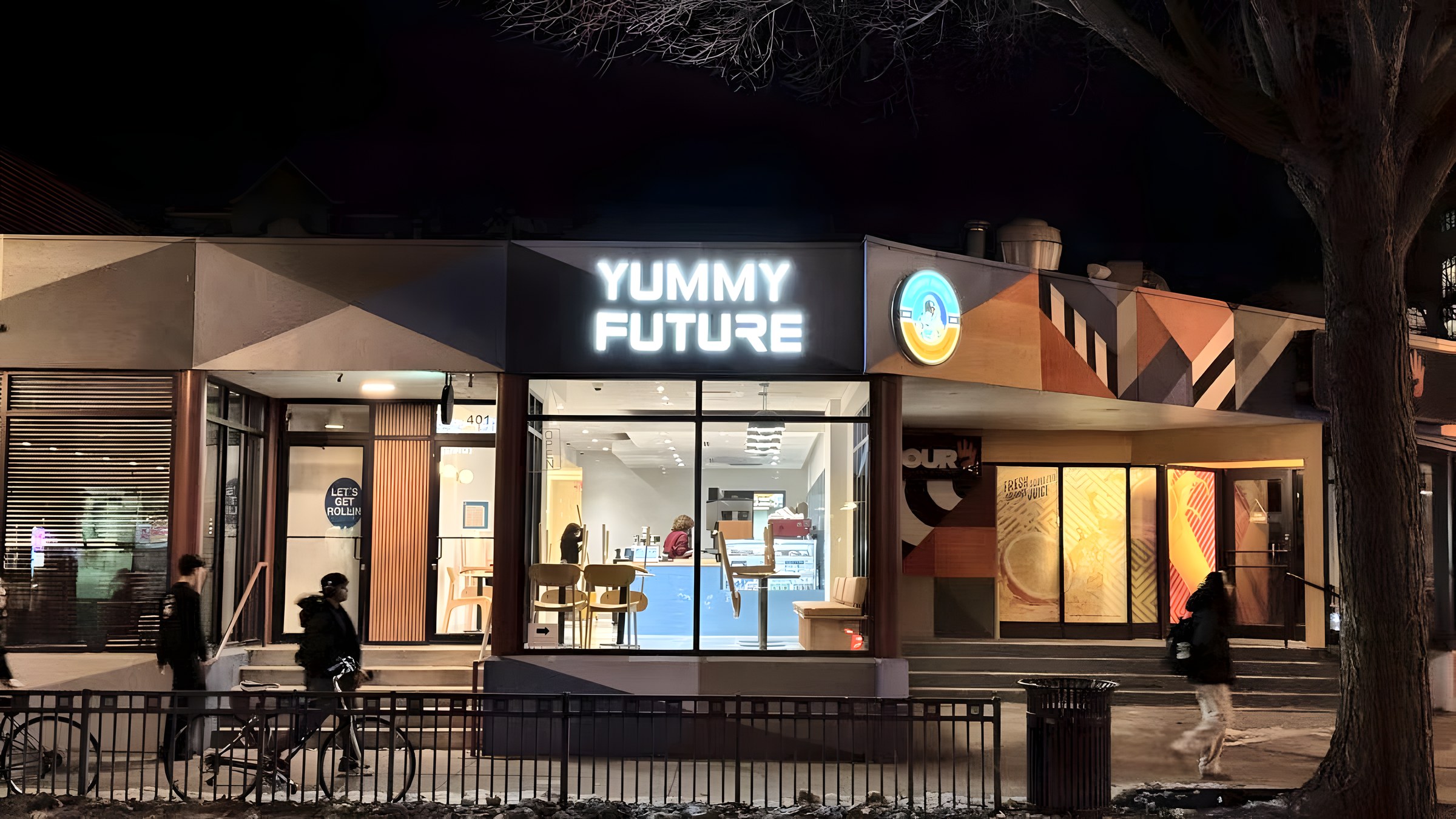 Yummy Future Matcha House storefront on Green Street at night